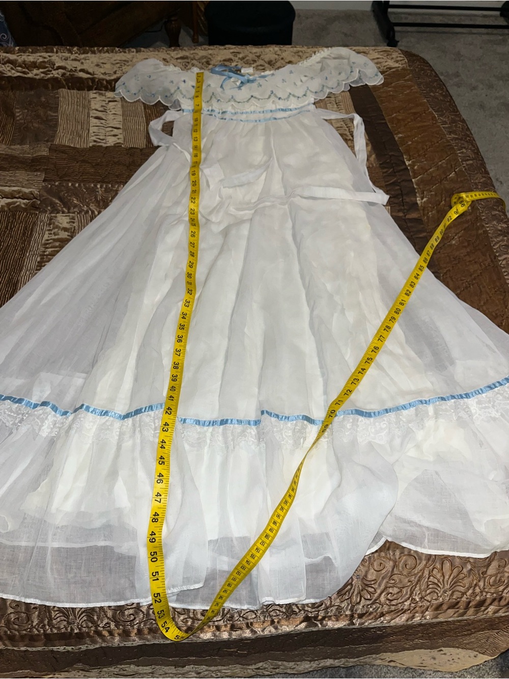 Gunne Sax White Dress with Light Blue Trim and embroidered neckline - Picture 6 of 10